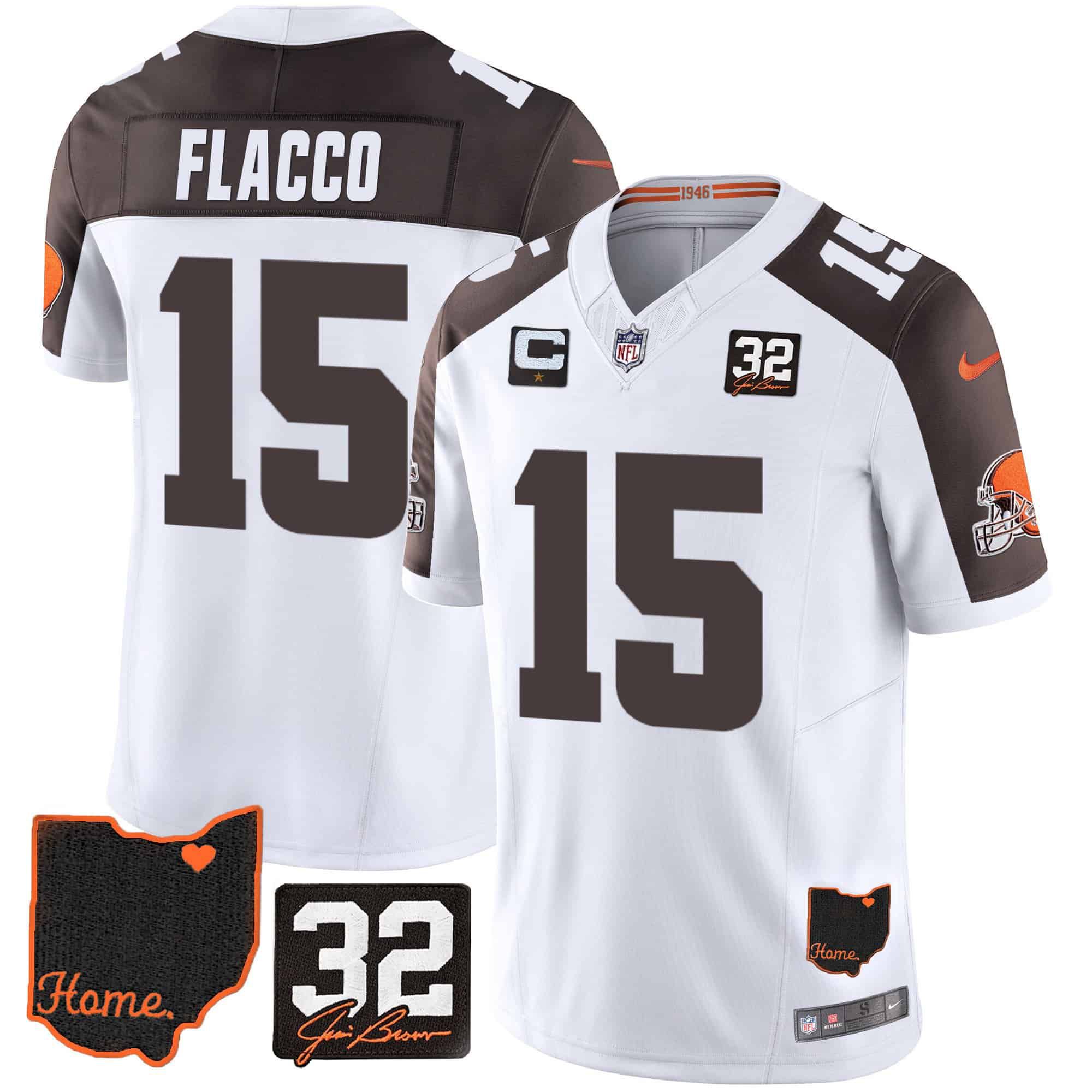 Men Cleveland Browns #15 Flacco White Memorial Home Patch 2024 Nike NFL Jersey style 1